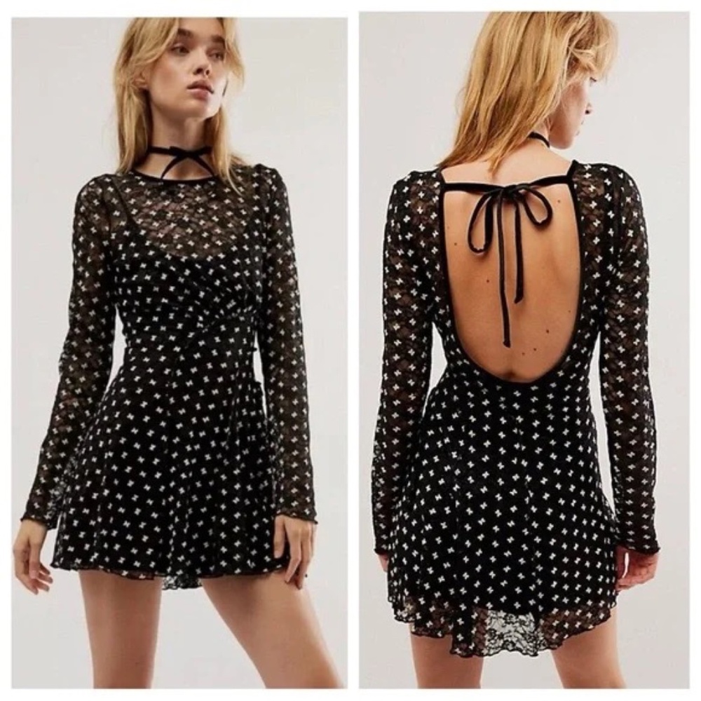 Free People Black Polka Dot Lace Sheer Delight Long Sleeve Mini Dress